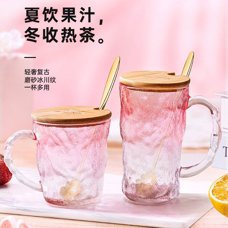 冰川纹玻璃杯带盖子勺带把手高颜值喝水杯子女家用茶杯咖啡杯ins图片