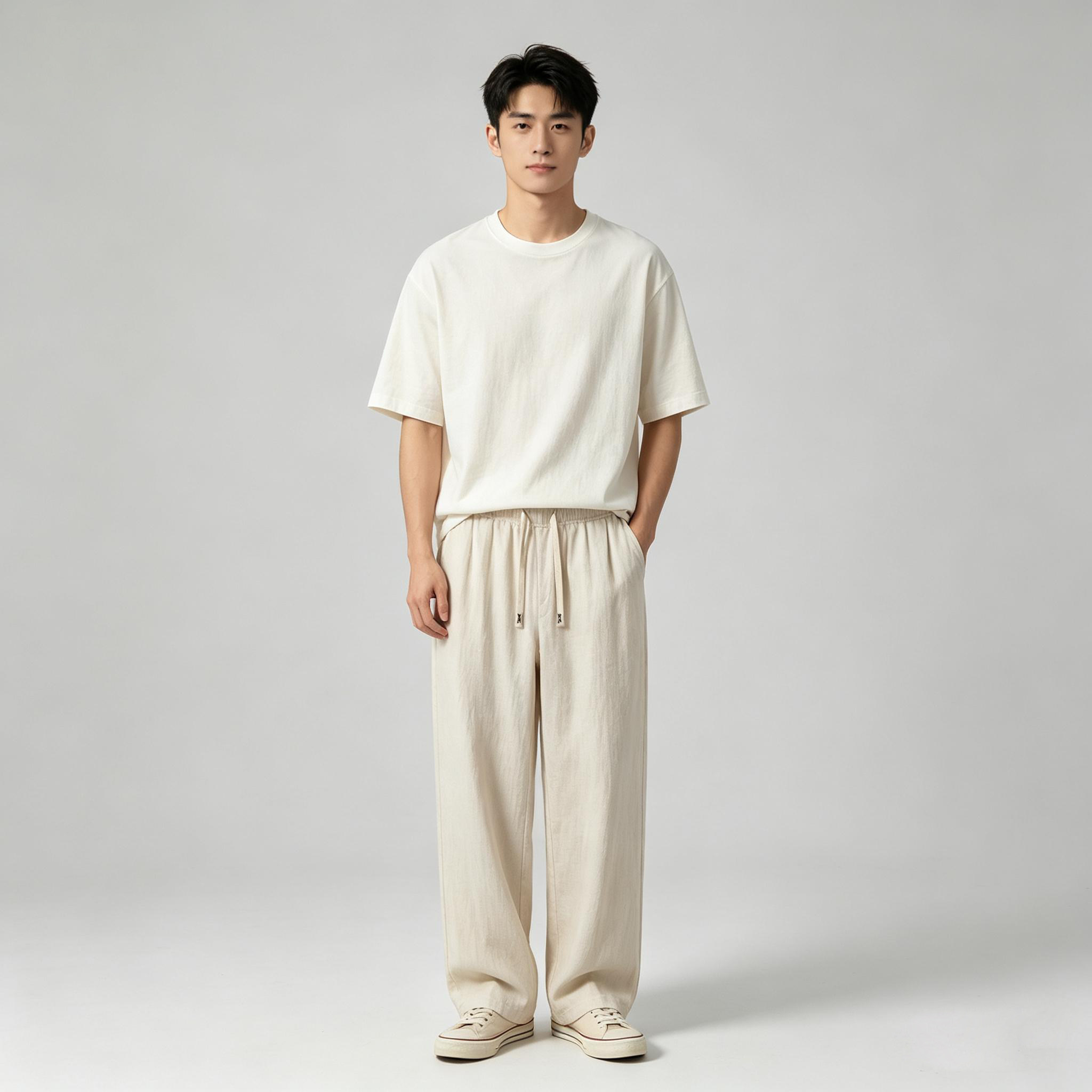天丝亚麻男宽松透气阔腿裤