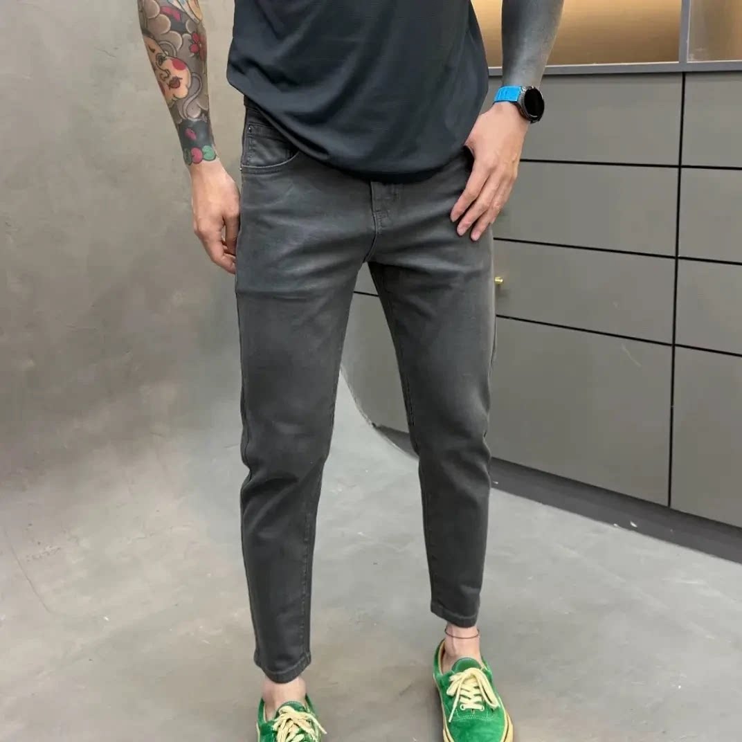 时尚百搭的灰色修身小脚牛仔九分裤男士潮牌夏秋青年弹力中低腰