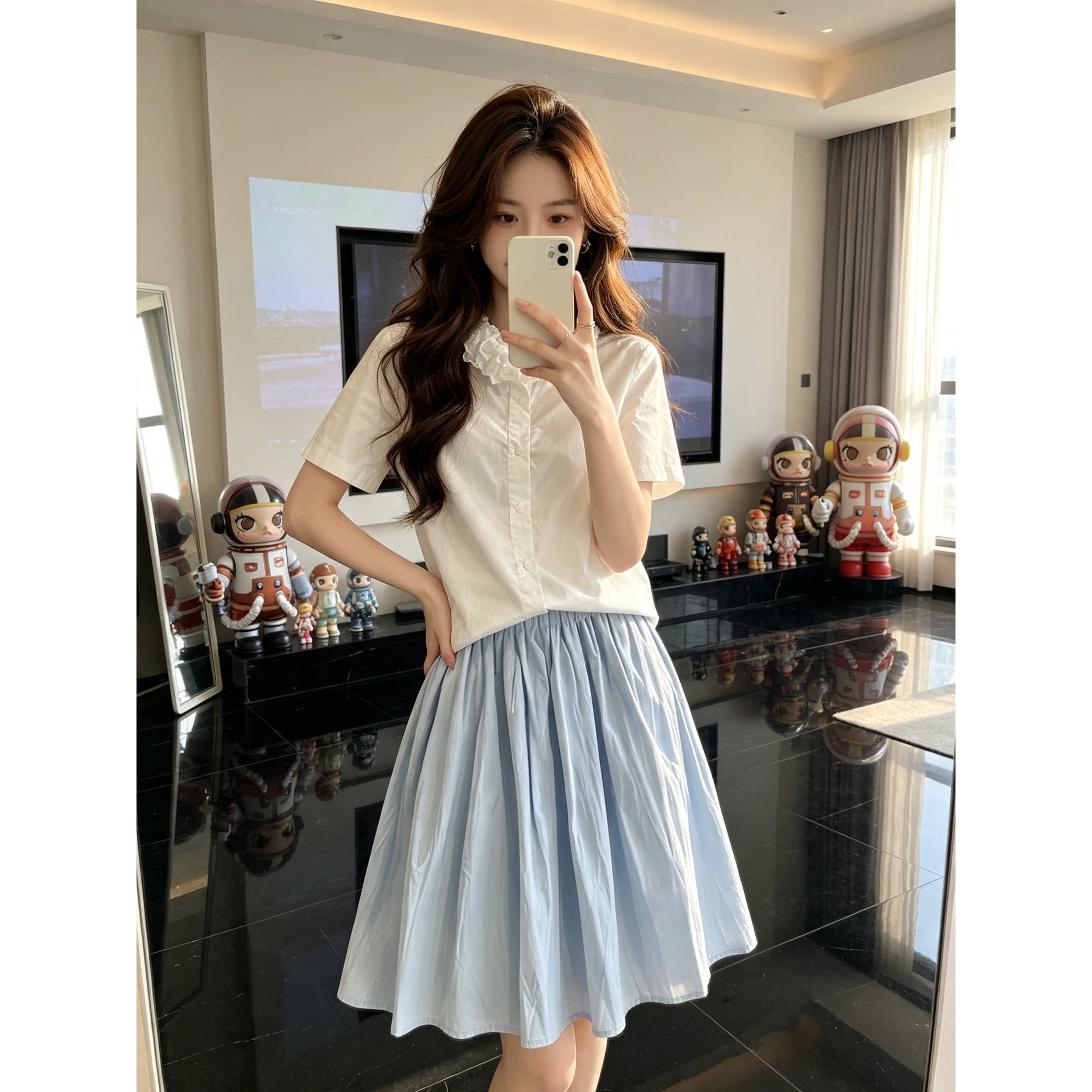 parkyeon立体花朵装饰宽松短袖衬衫女夏新款高腰褶皱半身裙套装