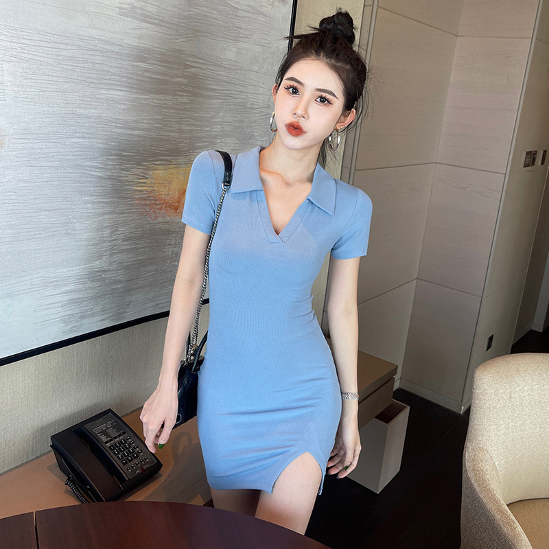 POLO领紧身短袖连衣裙女夏季新款针织半袖辣妹收腰别致包裙高级感