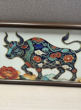 S2305新中式餐厅客厅玄关书房会客室瓷板摆件牛运亨通2242