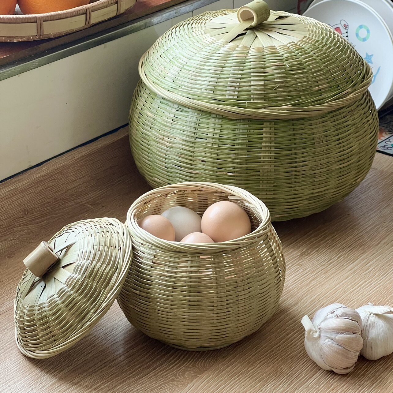 竹编鸡蛋篓茶叶罐家用零食收纳筐带盖子手工编织水果篮创意竹篮