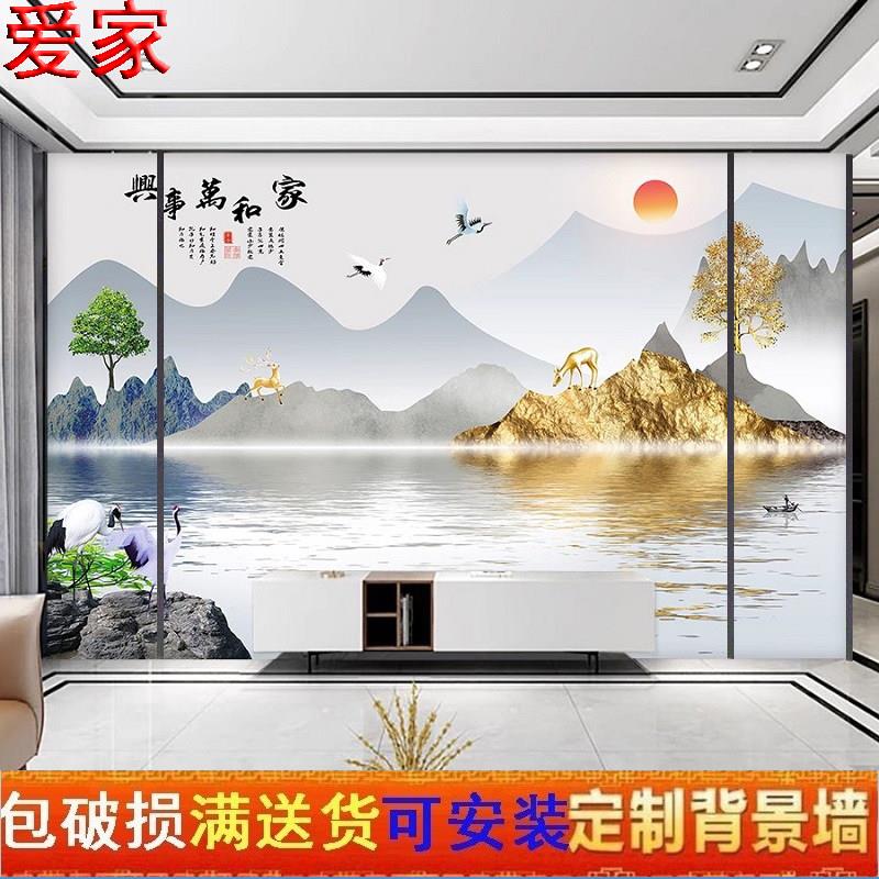 2026电视背景瓷砖岩板3D立体客厅新中式迎客松山水画影视墙微晶石