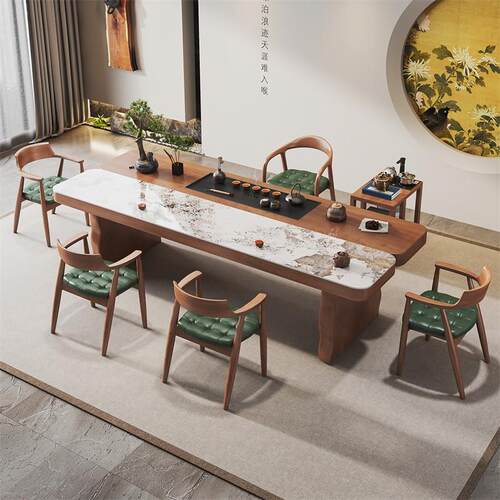 新中式实木大板茶台茶桌椅组合一桌五椅岩板办公家用功夫泡茶台
