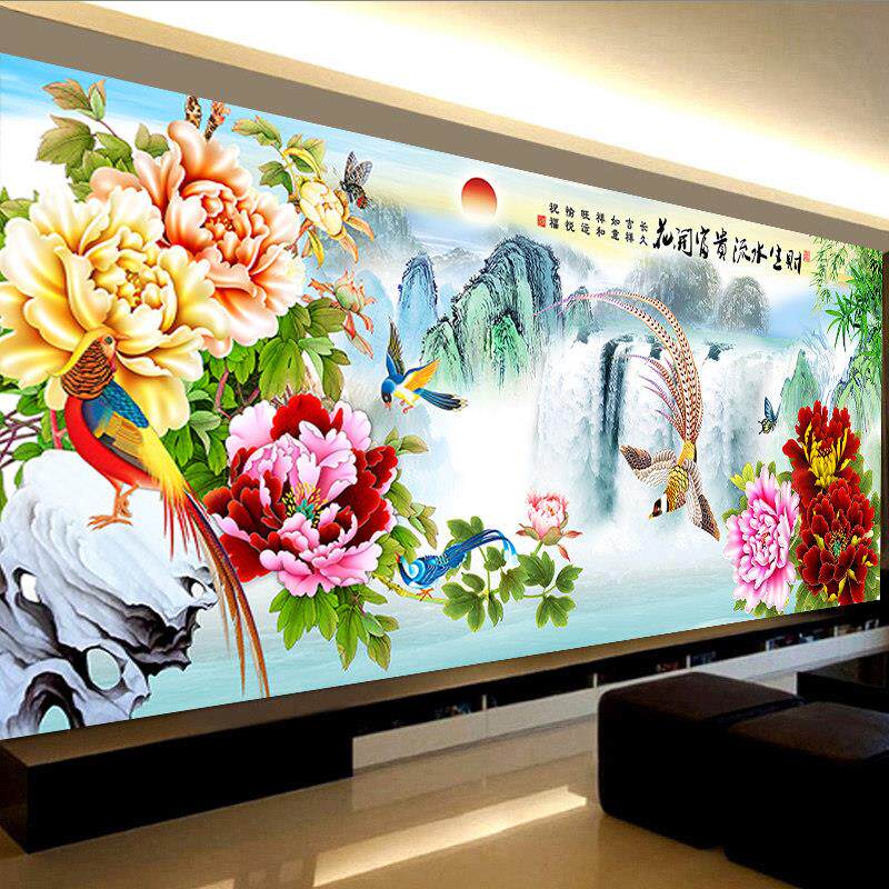 百鸟图花开富贵流水生财十字绣2025新款线绣客厅凤凰山水画风景画