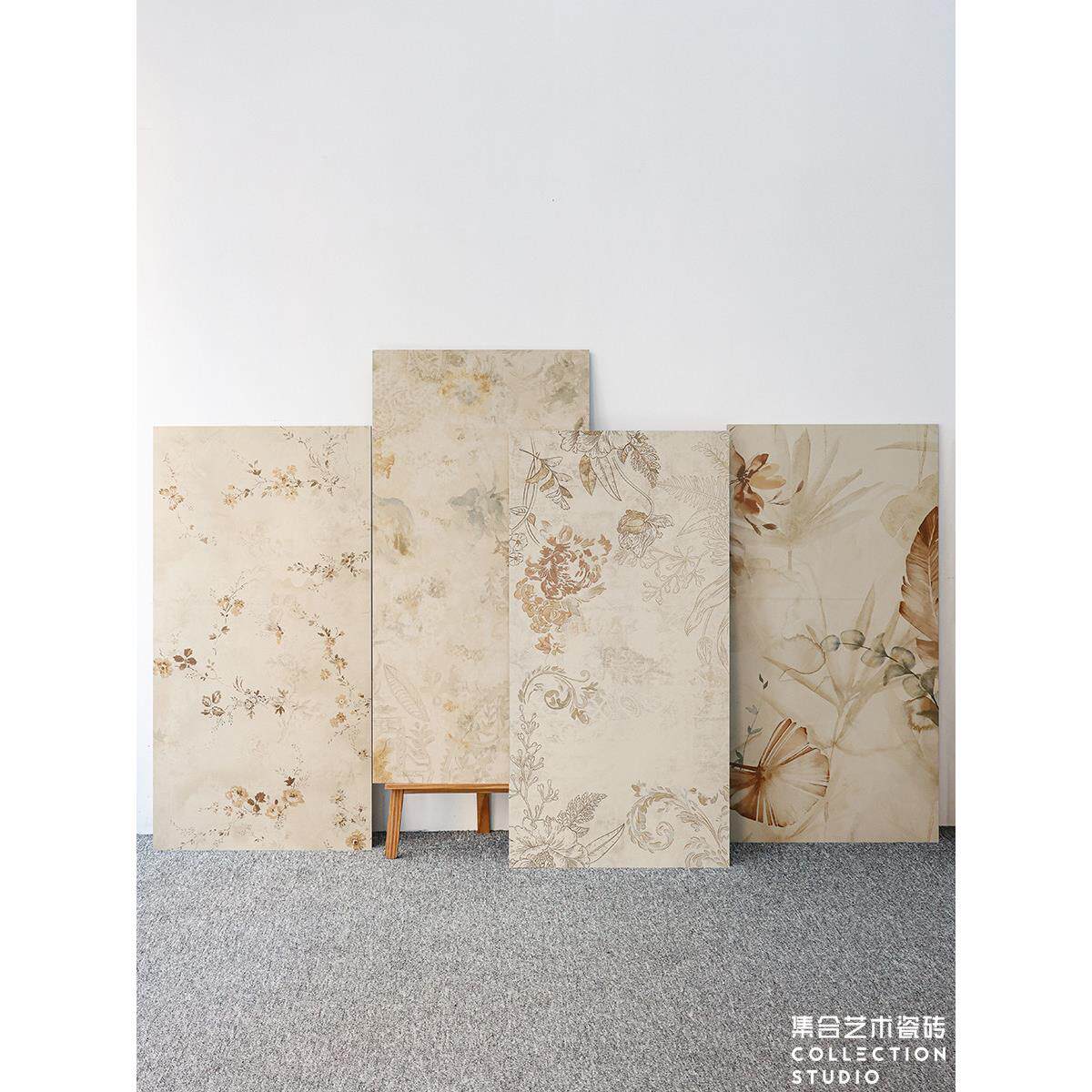 法式米黄柔光覆古花砖瓷砖600*1200全瓷卫生间咖啡厅背景墙砖