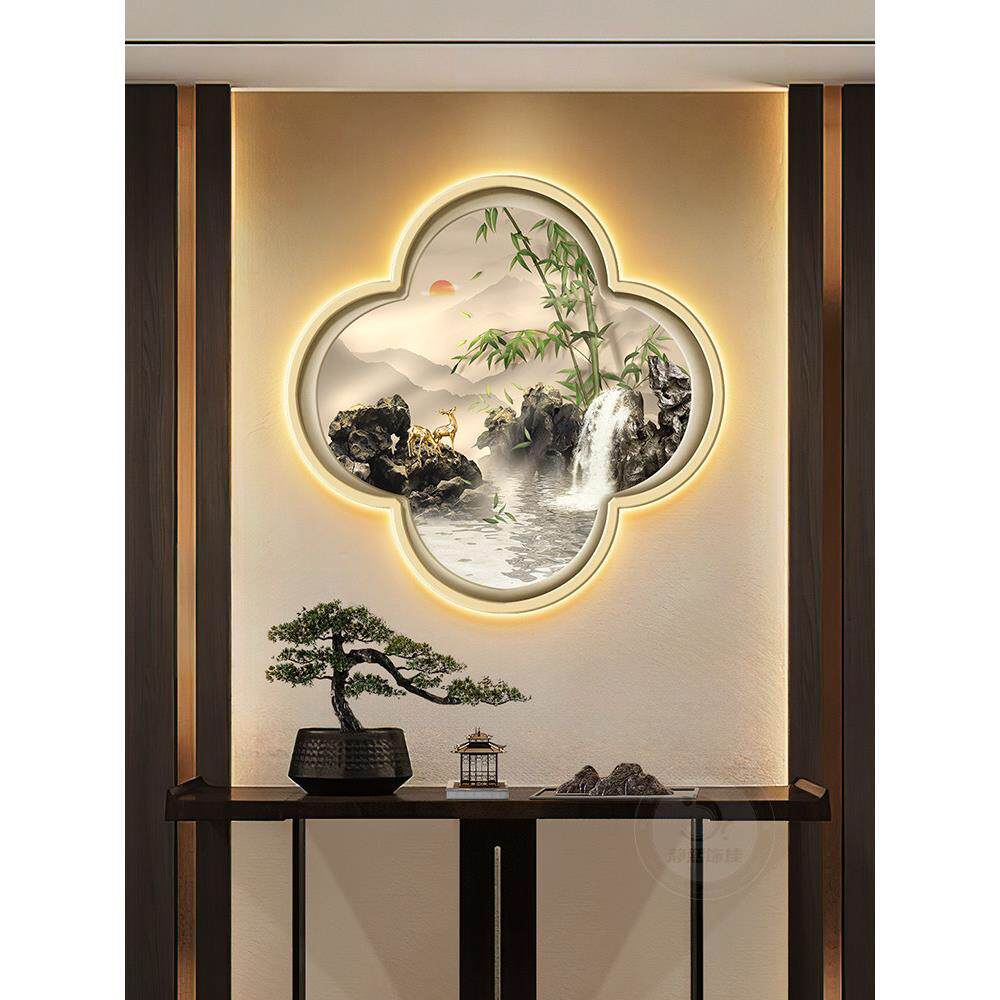 流水生财入户玄关装饰画新中式竹子走廊挂画梅花形窗茶室带灯壁画