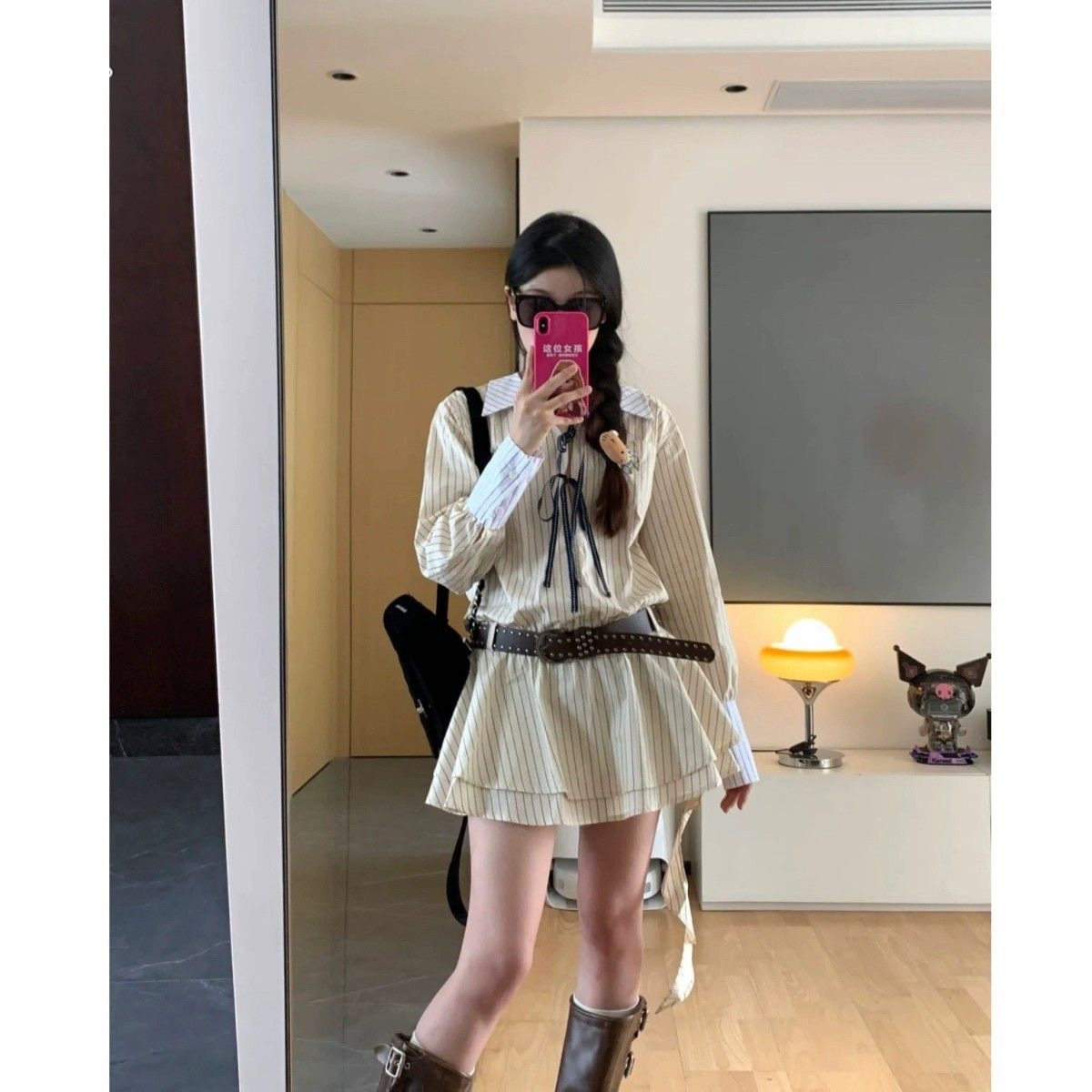 法式条纹v领长袖连衣裙女