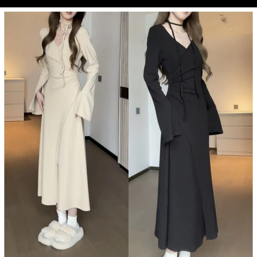 新款少女风V领不规则连衣