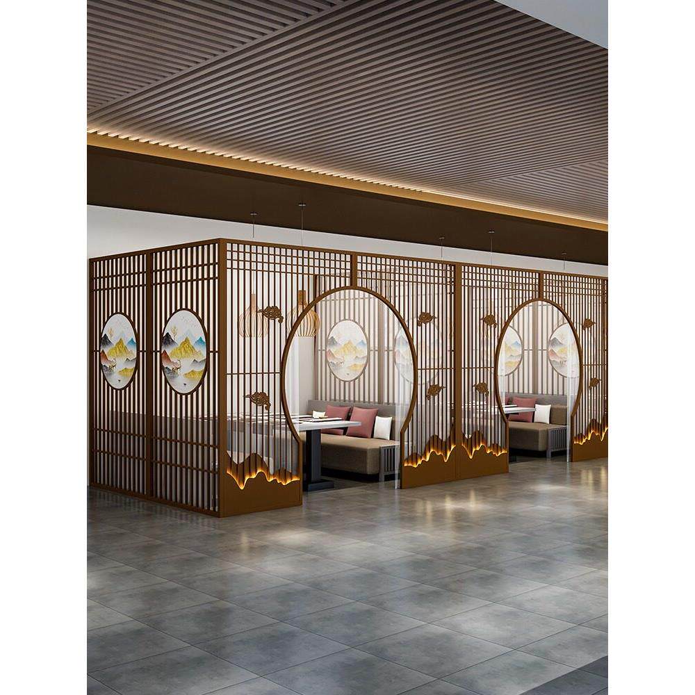中餐厅隔断茶室包间火锅店烧烤店月拱铁屏镂空格栅背景墙