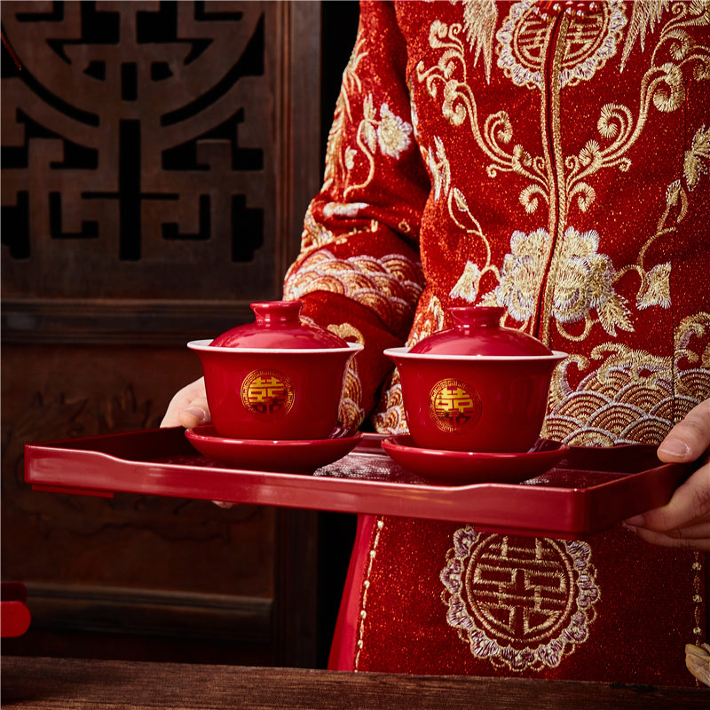 中式婚礼红色烫金陶瓷敬茶套装图片