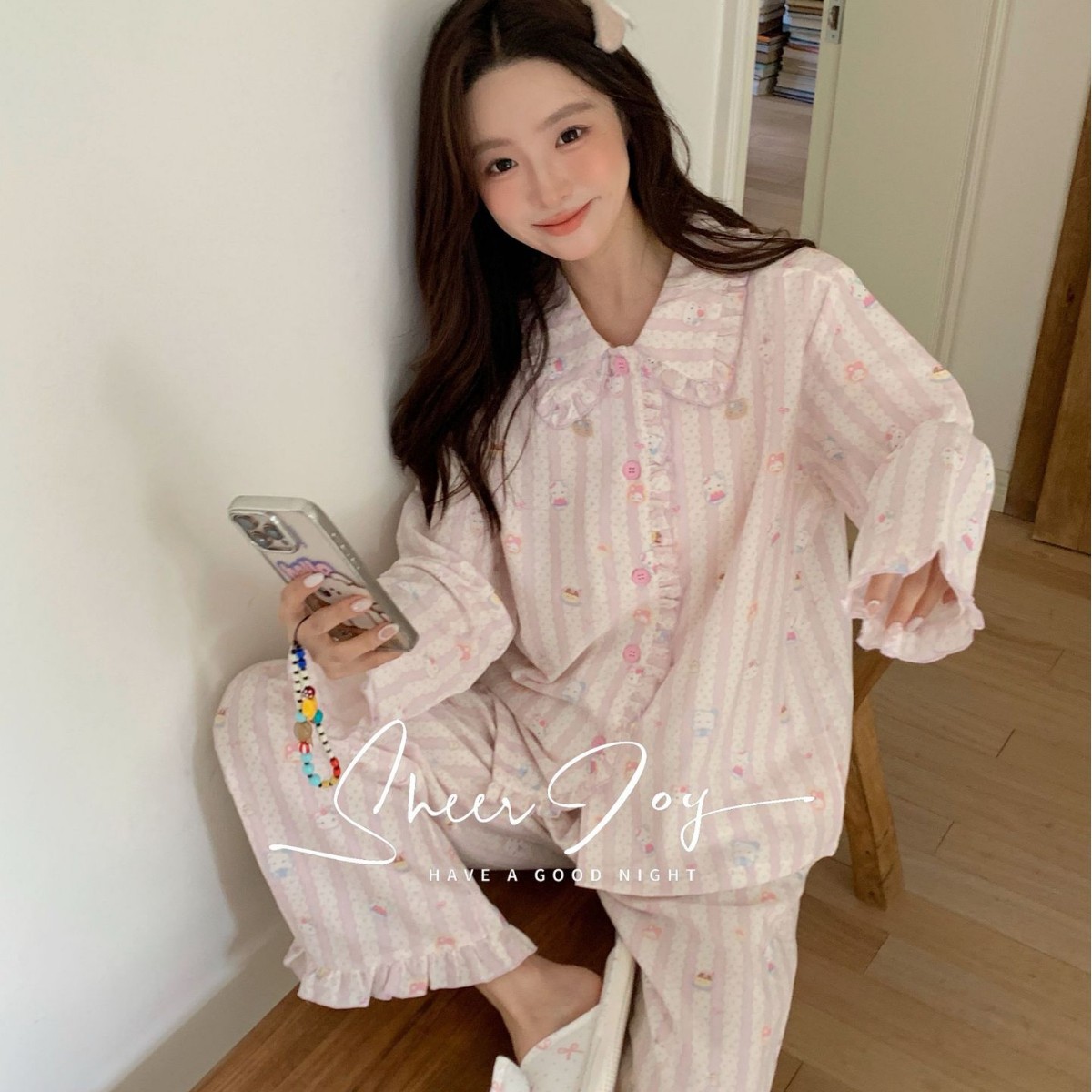 新款小红书纯棉A类纱布女士家居服长袖长裤睡衣女秋季茉莉清茶