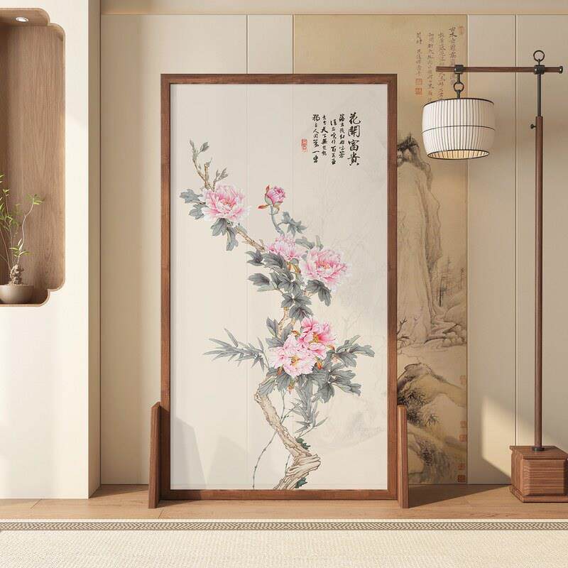 新中式屏风隔断客厅进门玄关实木卧室遮挡家用花开富贵牡丹入户门