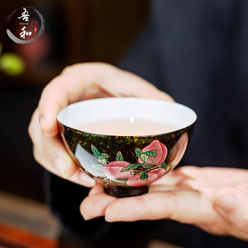 吾和漆器茶具 福州大漆林剑军手绘寿桃茶杯 白瓷鸡心杯飘漆主人杯