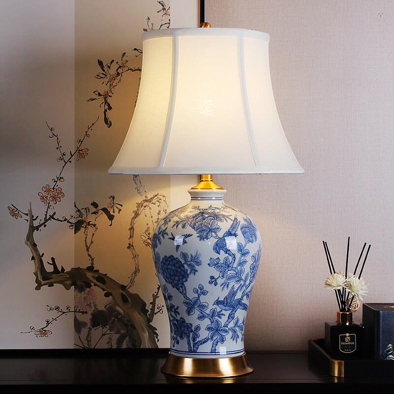 新中式景德镇青花陶瓷台灯卧室床头客厅装饰灯具全铜底座新品