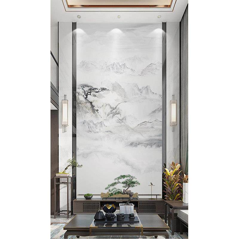 新中式复式楼电视背景墙岩板瓷砖微晶彷大理石客厅楼中楼挑空别墅