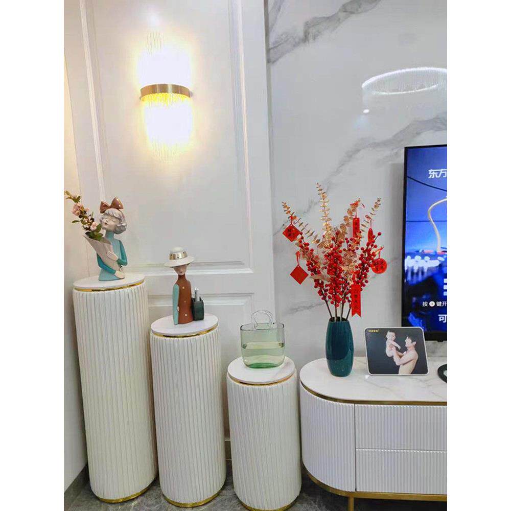 简约客厅电视旁落地式圆形新中式轻奢装饰摆饰置物展示岩板花架子