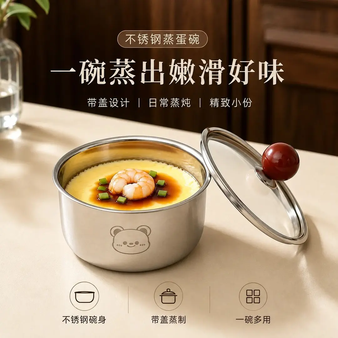 304不锈钢蒸蛋碗家用蒸鸡蛋羹专用碗可爱带盖蒸菜炖盅小碗RW-S123