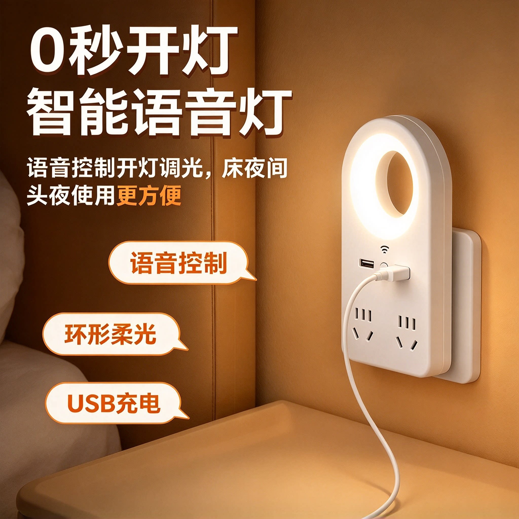 语音小夜灯充电插座家用卧室床头灯起夜喂奶柔光护眼灯插排转换YL