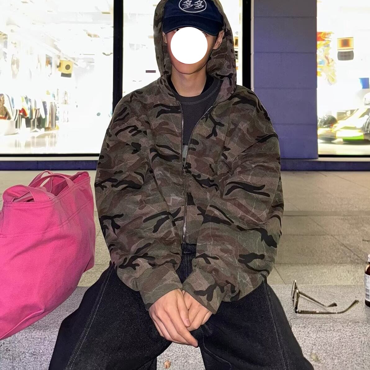美式复古迷彩连帽开衫卫衣男款