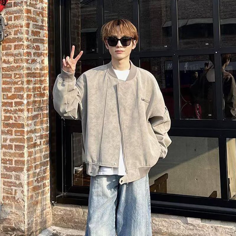 美式高街棒球领PU皮衣男春秋新款