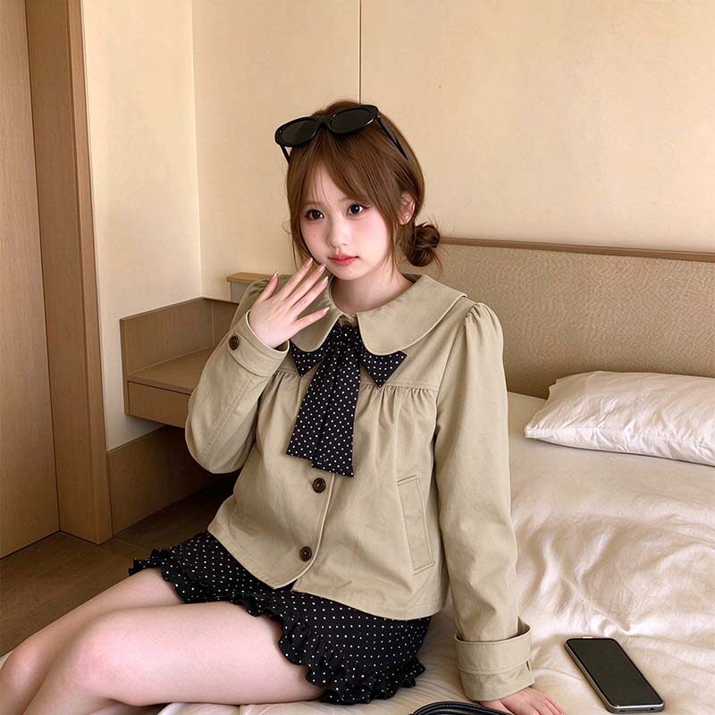 星咖雾屿 韩系氛围感显贵短外套风衣+波点双排扣A字半身裙套装女