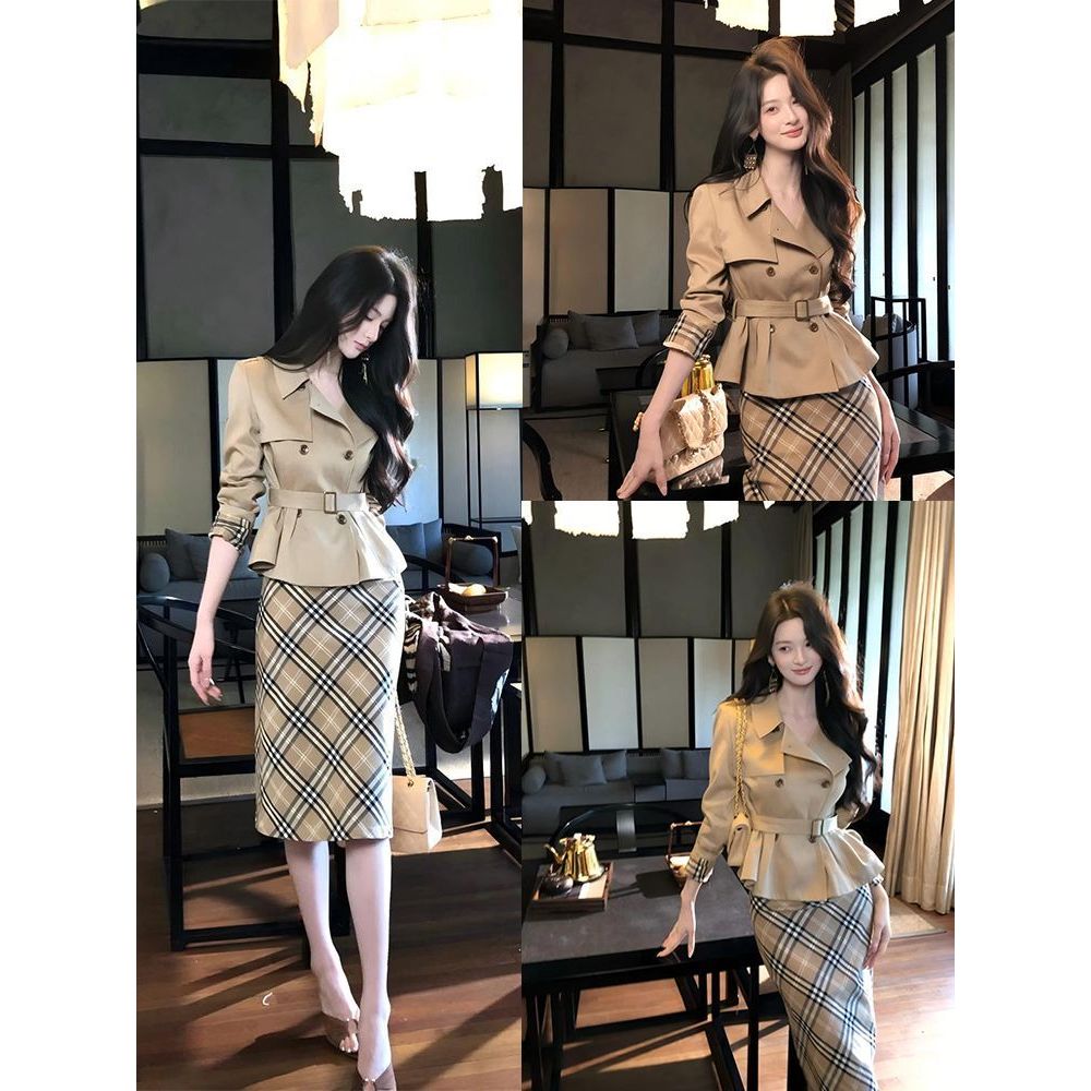 早秋套装女气质名媛翻领双排扣系带收腰风衣外套格纹包臀裙两件套