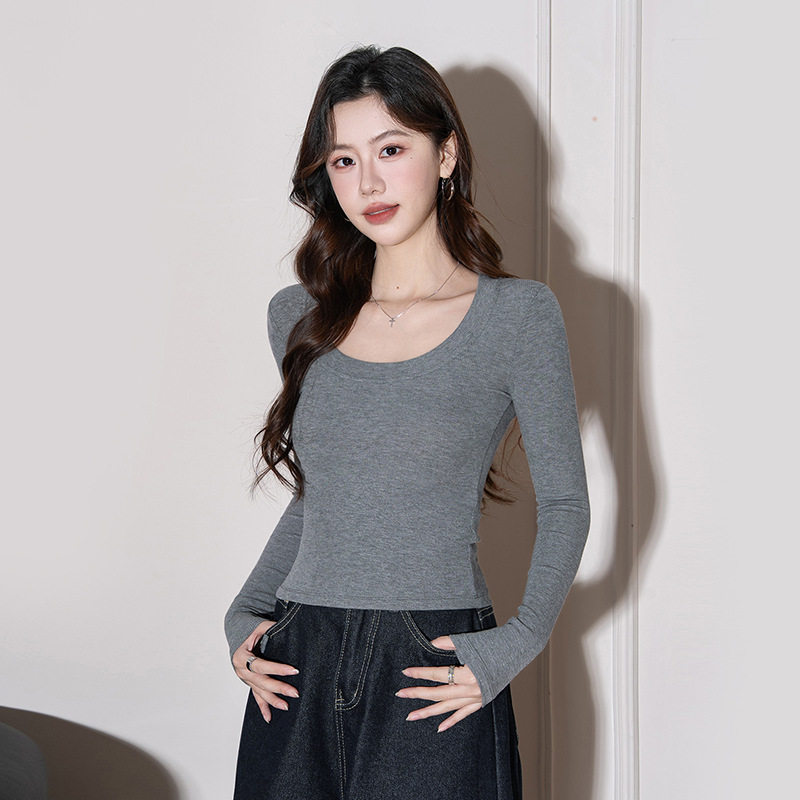 螺纹圆领长袖打底衫女2026秋冬新款低领修身内搭简约显瘦内搭上衣