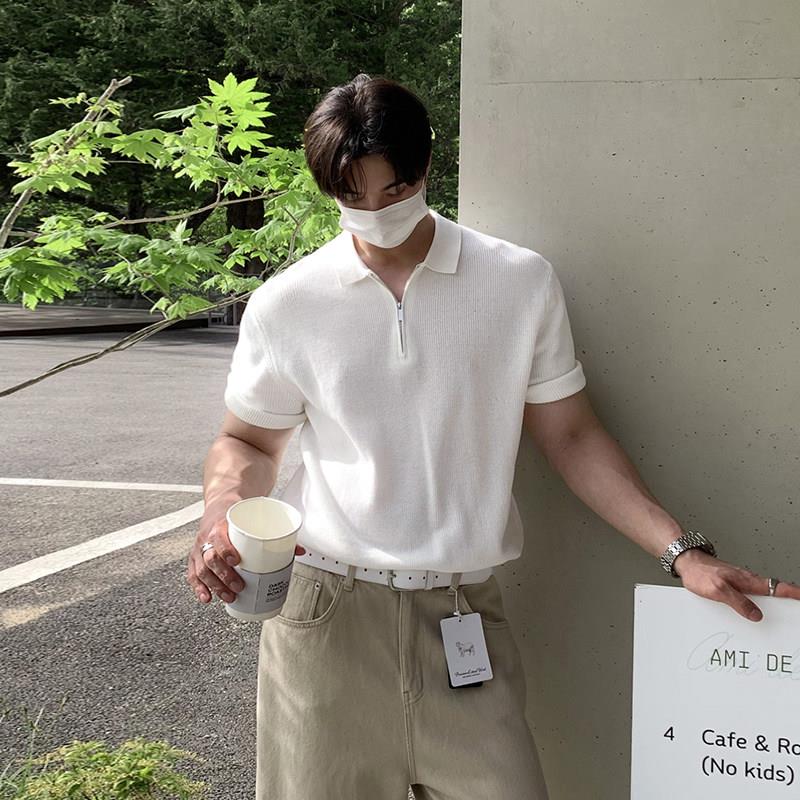 碧舍男士上衣休闲老钱风质感针织衫短袖夏季透气韩版百搭潮流新款