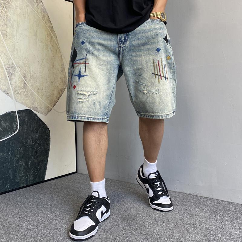 夏季美式休闲痞帅复古刺绣刮烂牛仔短裤男直筒宽松高街五分裤子潮