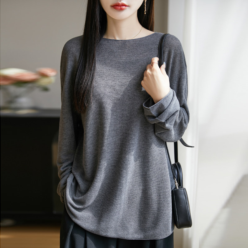 春夏一字领天丝针织打底衫女宽松外穿慵懒风长袖上衣微透防晒罩衫