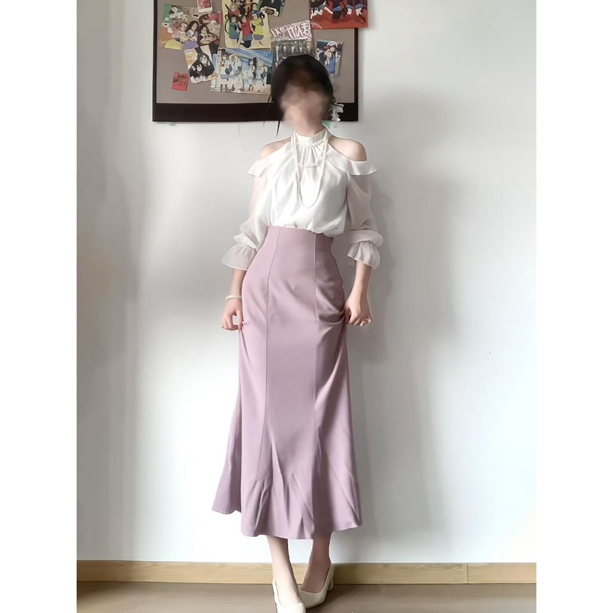 日系清楚系露肩上衣+鱼尾包臀裙套装小众千金优雅气质长裙两件套