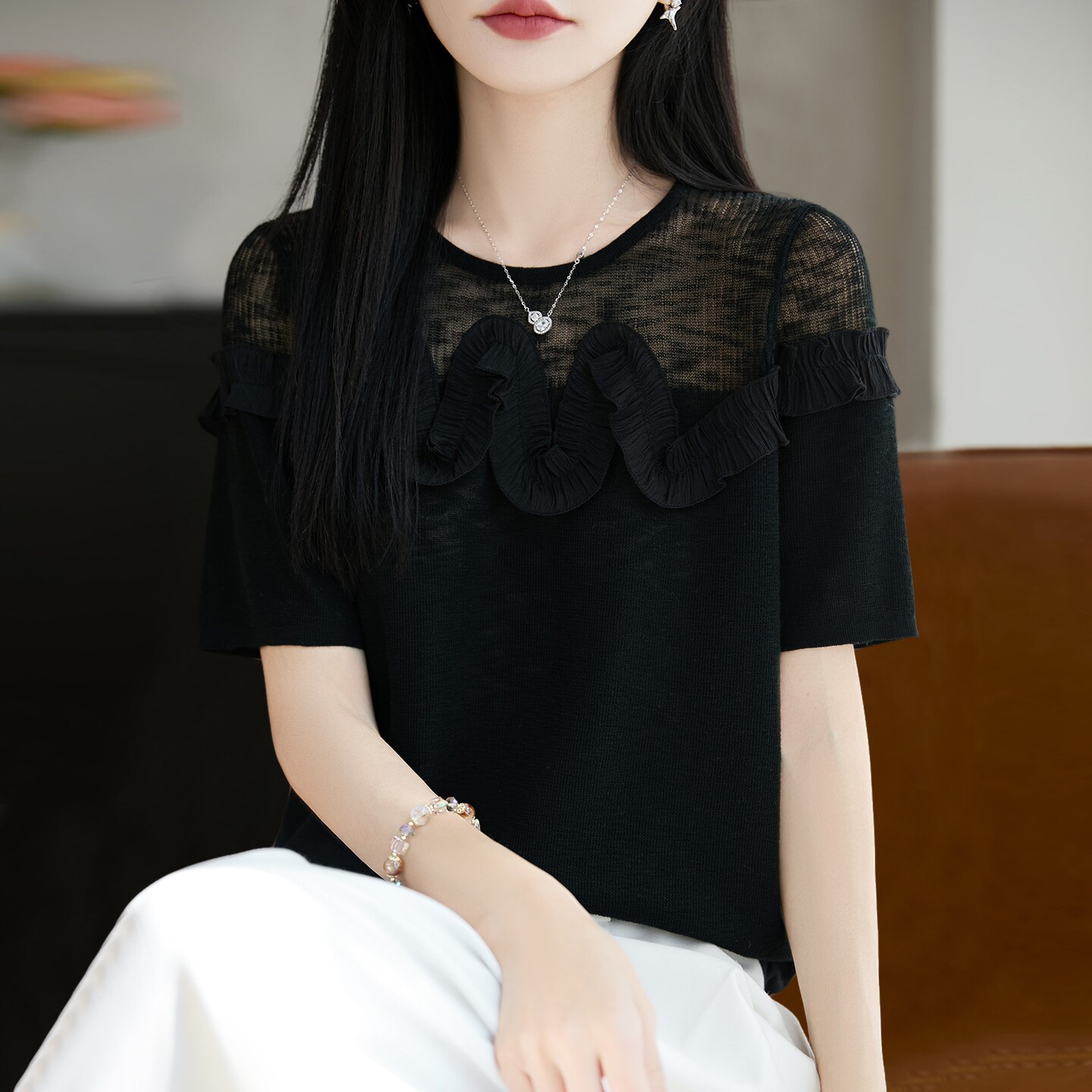 2026新款镂空拼接针织短袖t恤女夏季薄款冰丝针织衫大码女装上衣