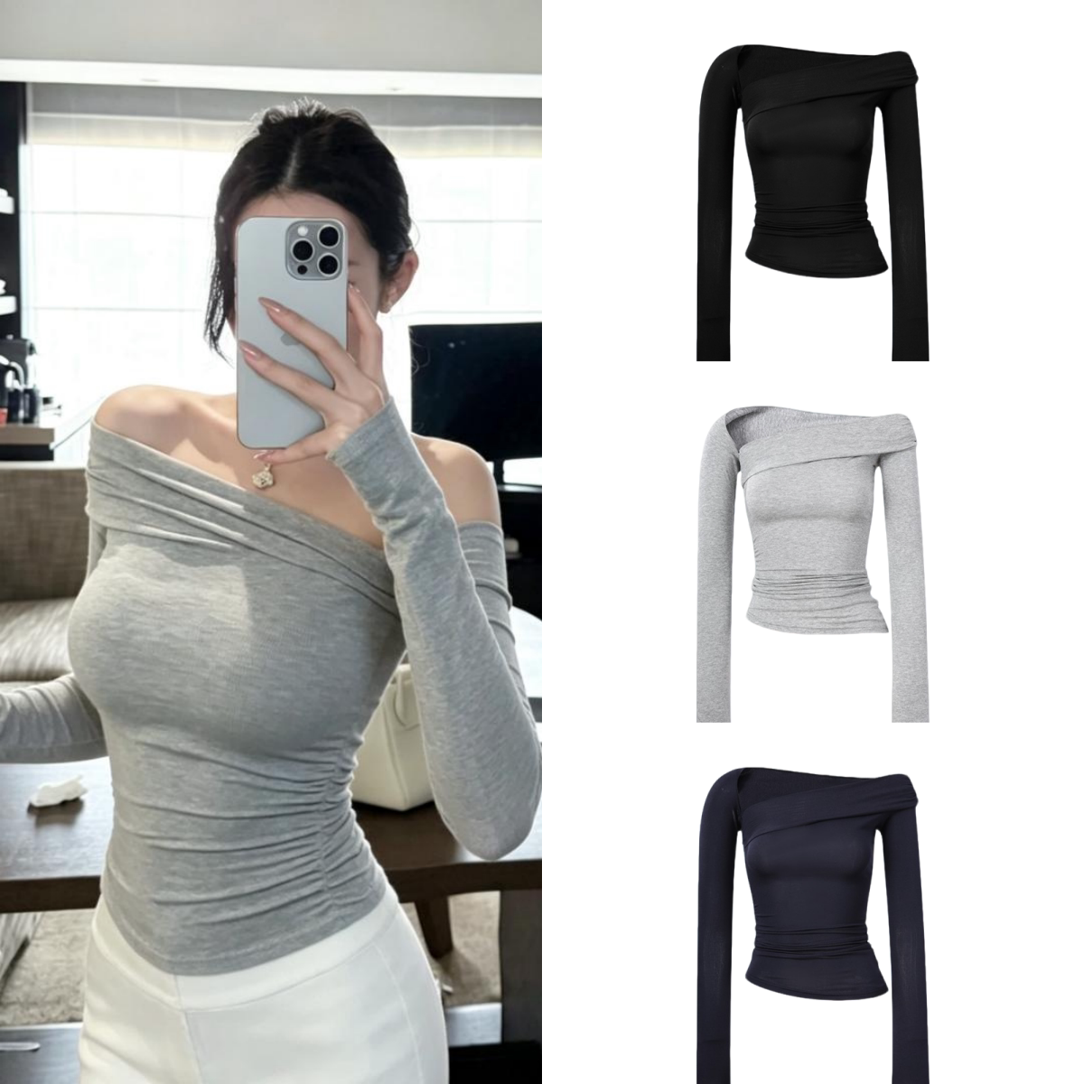 一字肩辣妹灰色长袖修身T恤女冬季休闲套装高腰半身裙短裙两件套