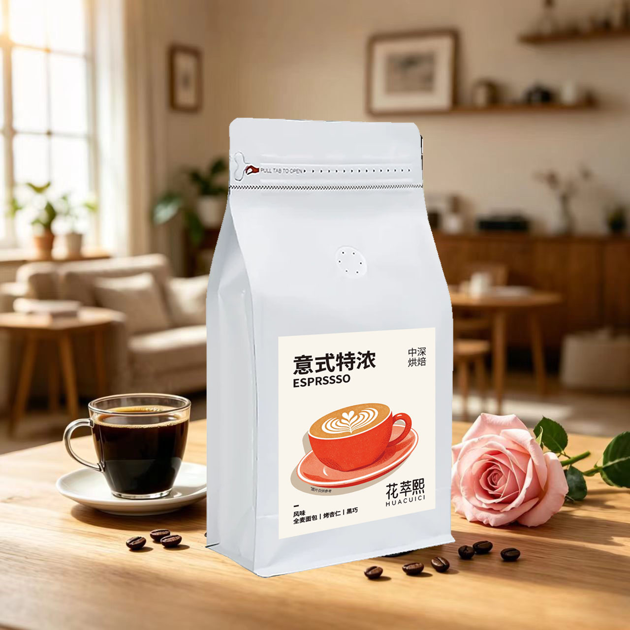 花萃熙意式特浓咖啡豆中深烘焙拼配豆拿铁美式咖啡机专用