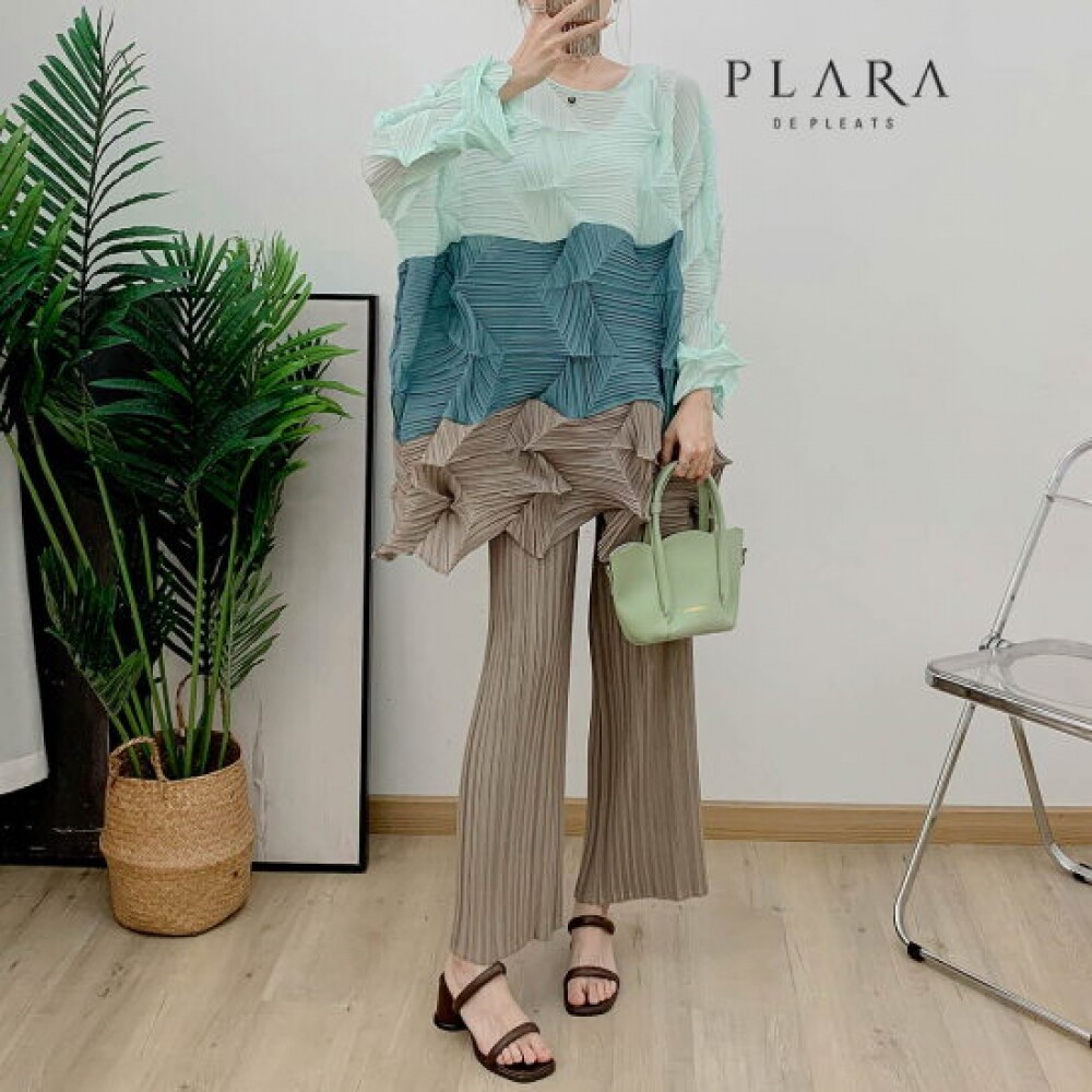 Plara 褶皱折叠拼色衬衫+裤子SET（至88）
