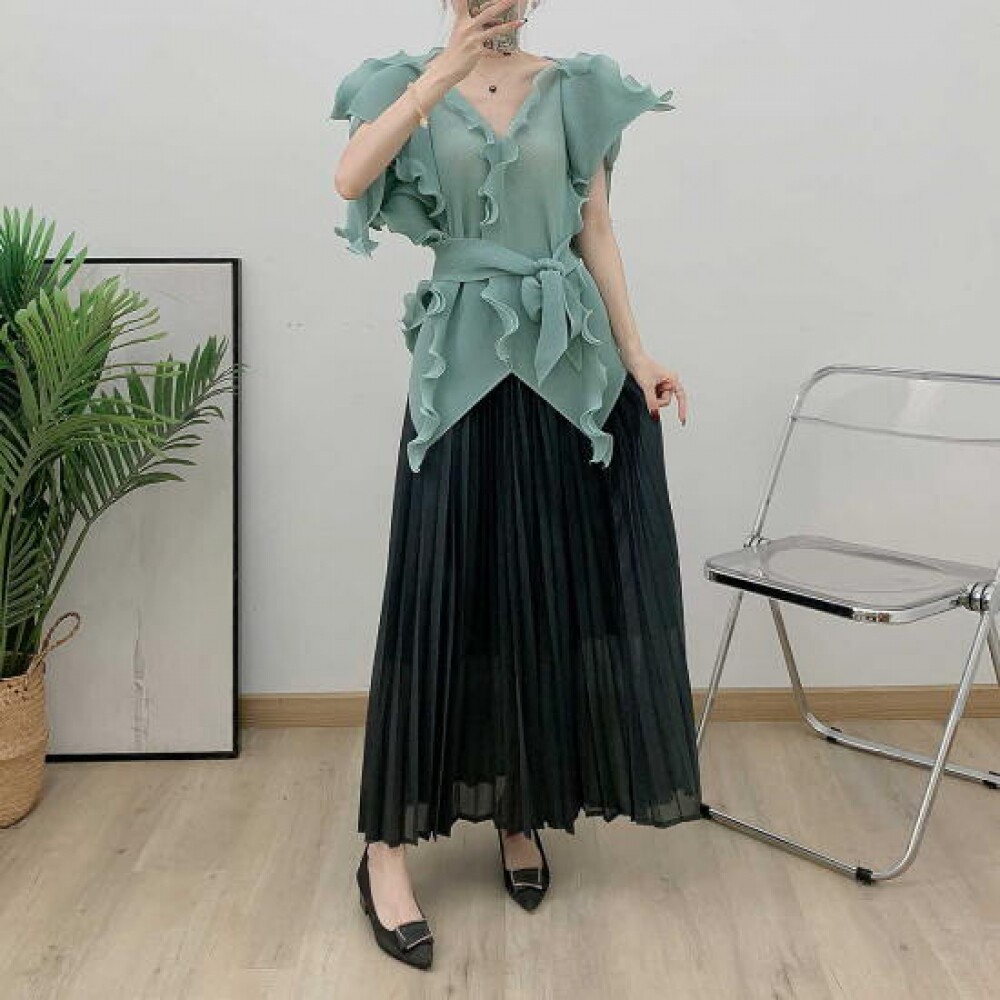 Plara 女士百褶花边衬衫+裙子+腰带 3件套