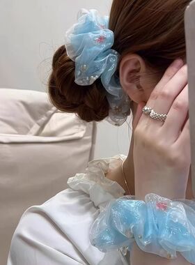 蓝色金鱼泡泡纱大肠发圈女2025新款高级感头绳扎头发丸子头饰发饰