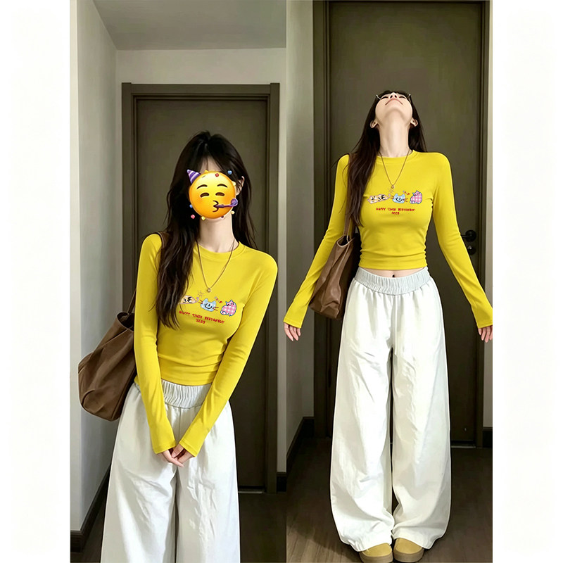 多巴胺巨好看的黄色t恤长袖女初秋2026新款时尚百搭修身上衣春季图片