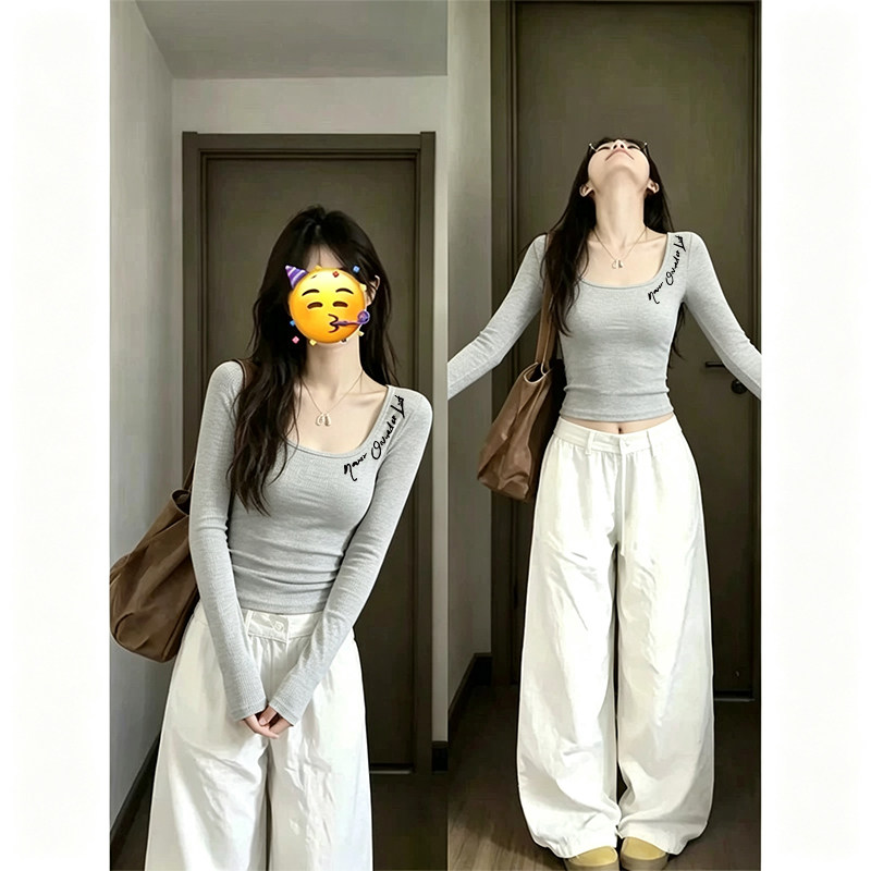 韩系巨好看的u领上衣女2026新款早秋内搭打底收腰显瘦短款长袖t恤