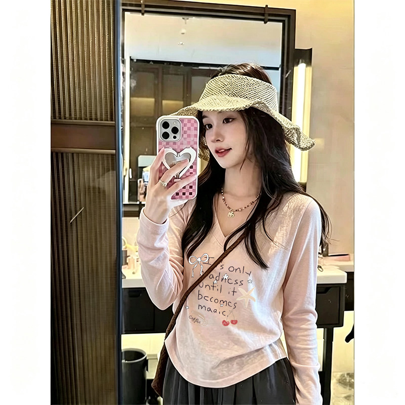 雪花棉薄款粉色V领长袖t恤女2T恤