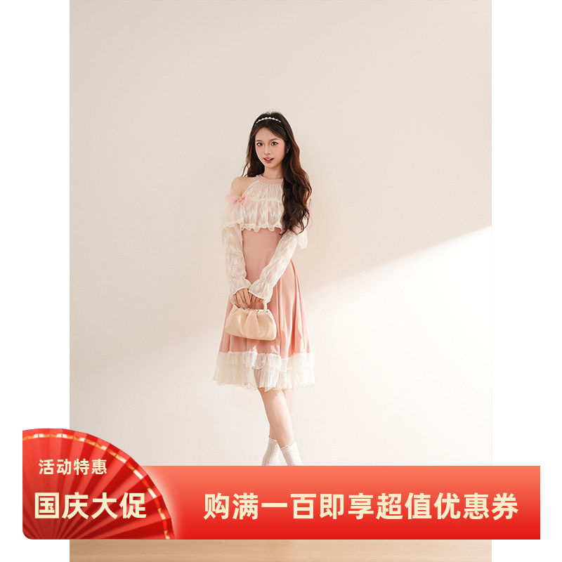粉裙子新款上市梦绮罗结清楚系温柔优雅露肩lolita拼接蕾丝连衣裙