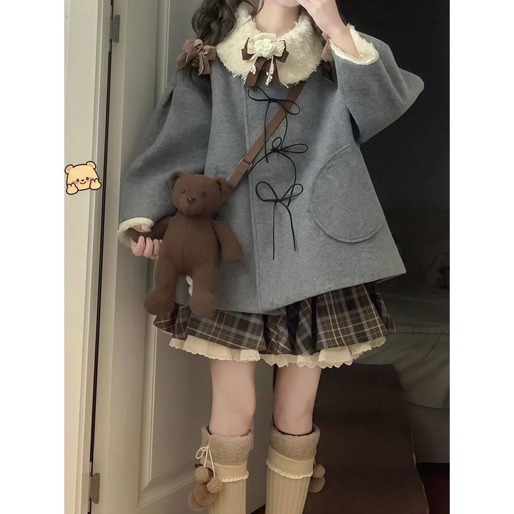 灰系软糖 日系乖乖女甜妹穿搭外套+半裙学院小个子两件套冬季新款