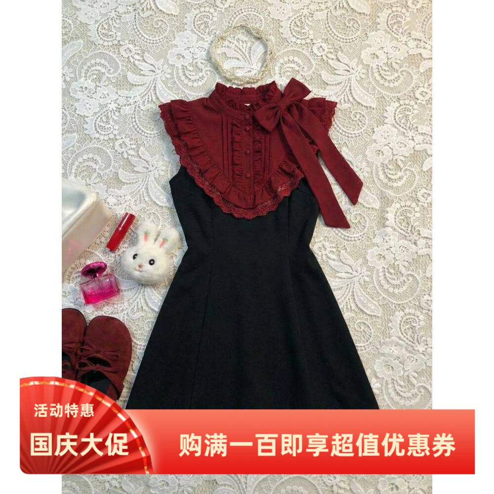 法式复古黑色蕾丝无袖连衣裙vintage古着风拼接设计感显瘦夏季女