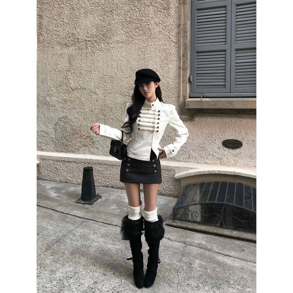 拿破仑外套骑士风女新款半身双排扣短裙两件套复古设计感小众