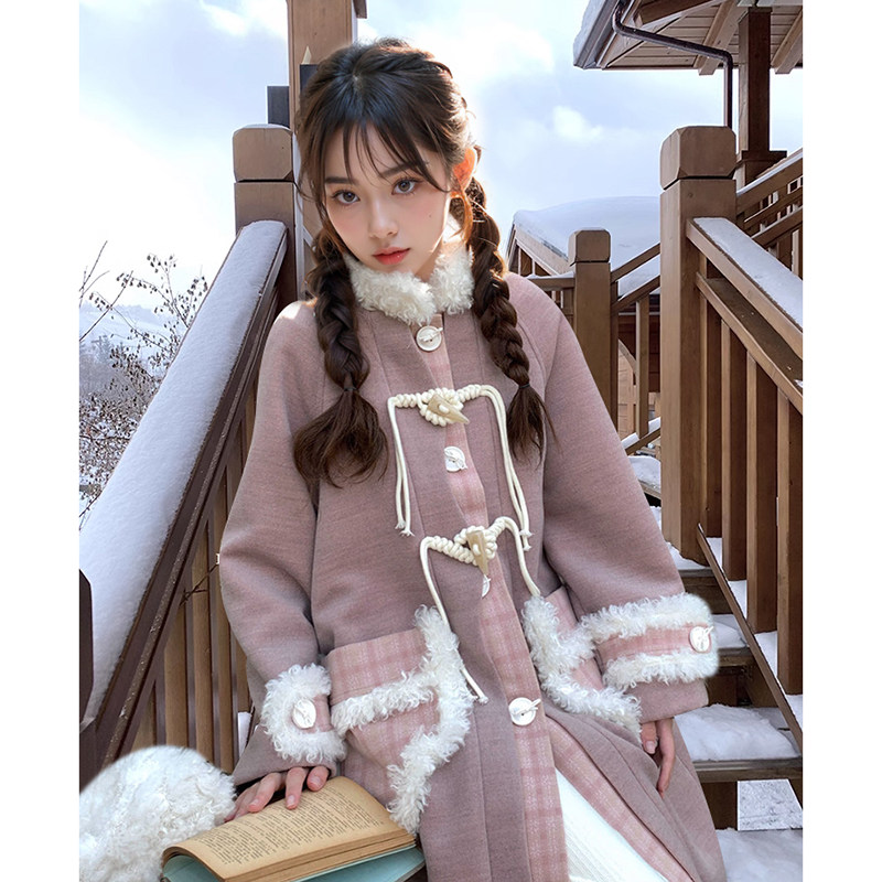 日系甜美拼接毛绒呢子大衣女冬季新款小众可爱小个子毛呢外套