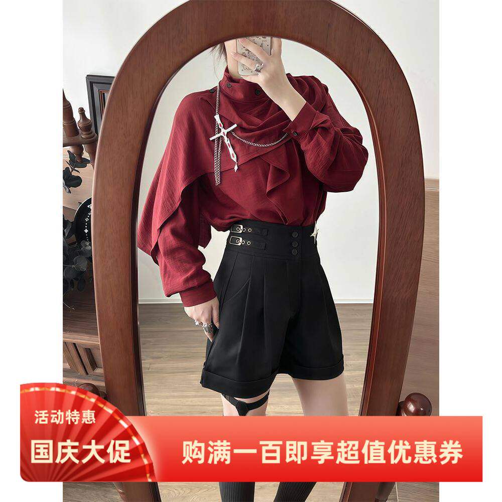 暗黑新款哥特套装女披肩假两件红衬衫高腰带扣短裤亚文化两件套