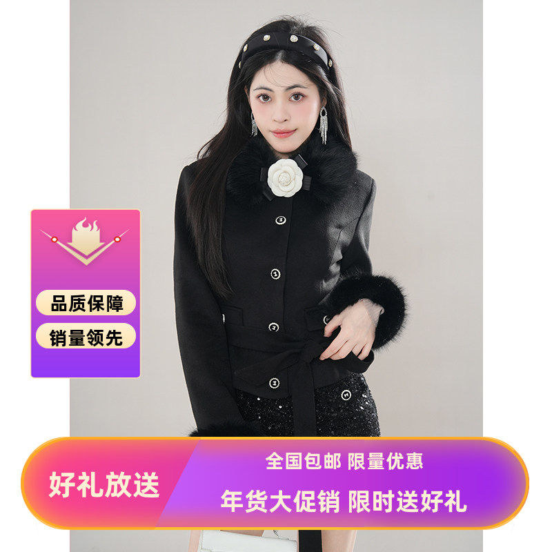 千金优质长袖风毛呢拼接毛领外套