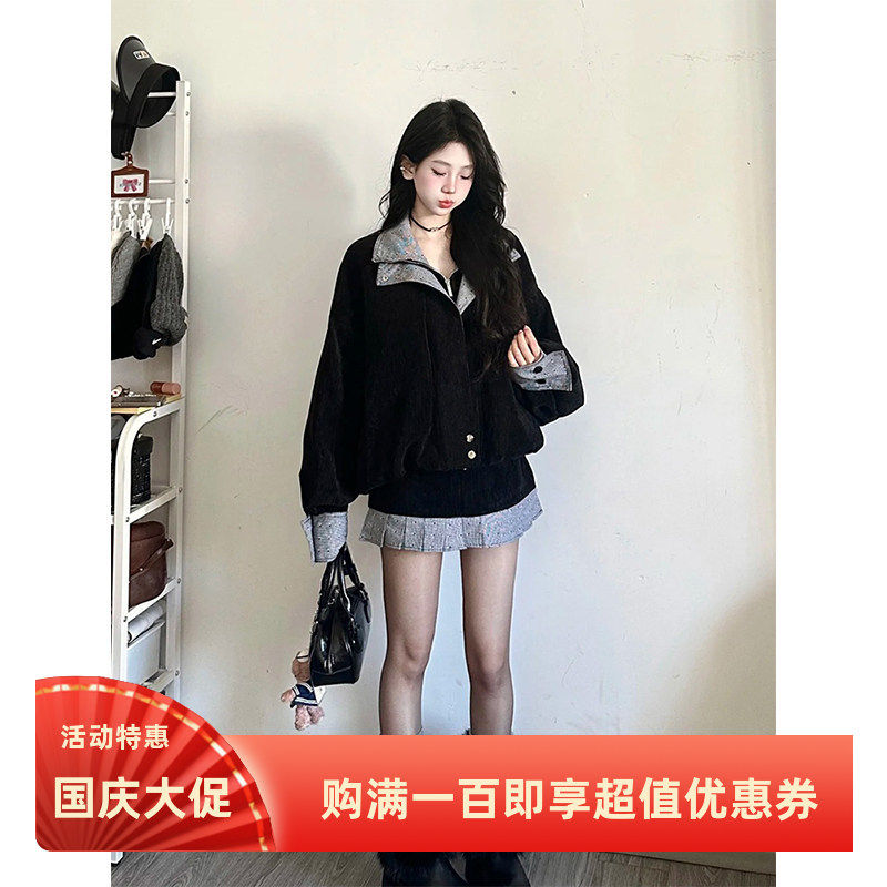 美式复古翻领拼接棉服外套女秋冬季小个子机车服宽松短款夹克上衣